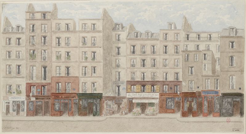 Pintura a óleo de Rue Beaubourg por Jules Gaildrau, mostrando edifícios vibrantes e vida urbana.