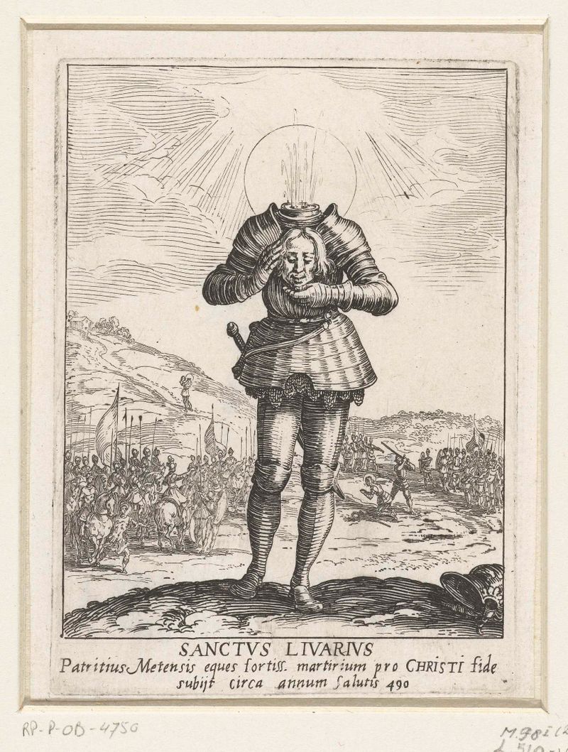 Grabado de San Livario por Jacques Callot, mostrando intrincadas vestiduras y luz suave.