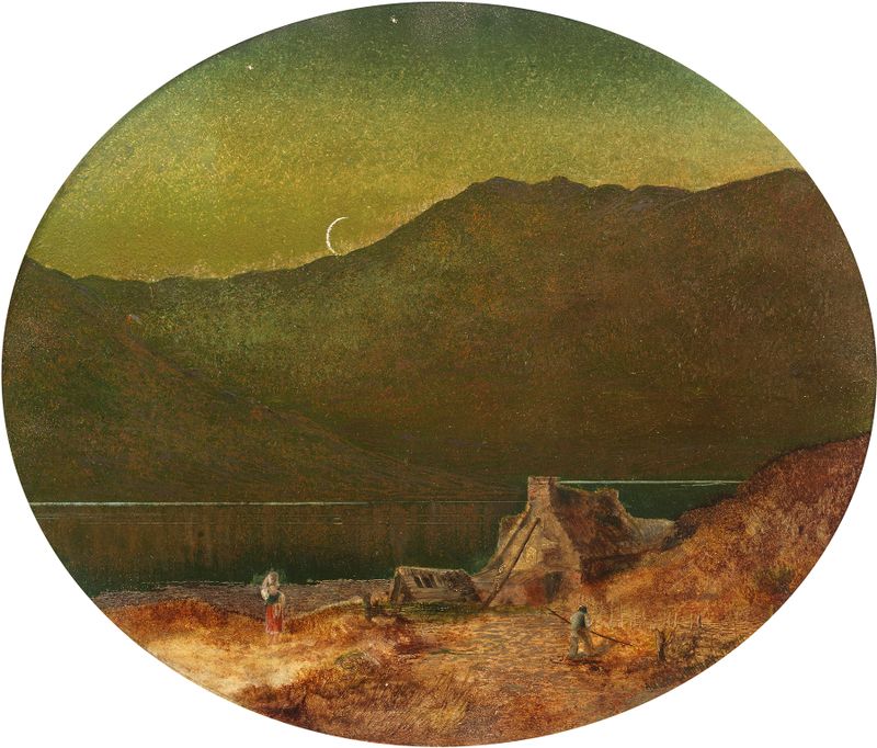 The Crescent de John Atkinson Grimshaw, pintura a óleo que retrata uma paisagem ao crepúsculo com uma lua crescente.