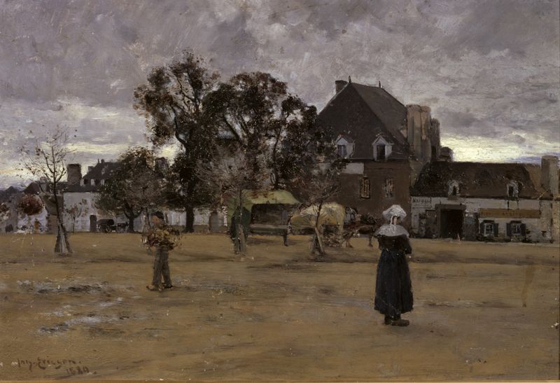 O Mercado, Concarneau de Johan Ericson, óleo sobre tela que retrata uma cena vibrante de mercado.
