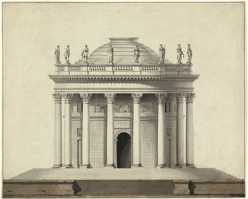 A Classical Temple by Louis Gustave Taraval, oil on canvas depicting grand columns and lush greenery.