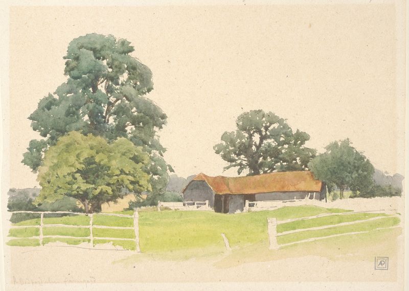A Bedfordshire Farmyard by Alfred Parsons, oil on canvas depicting a rural scene with a weathered cart.