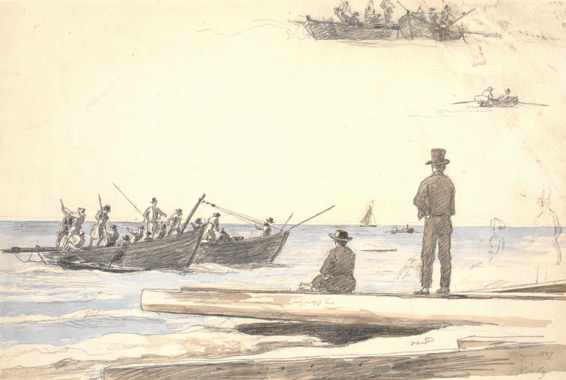 To fiskerbåde sejler ind mod Skagens strand by Martinus Rørbye, oil painting depicting fishing boats on the sea