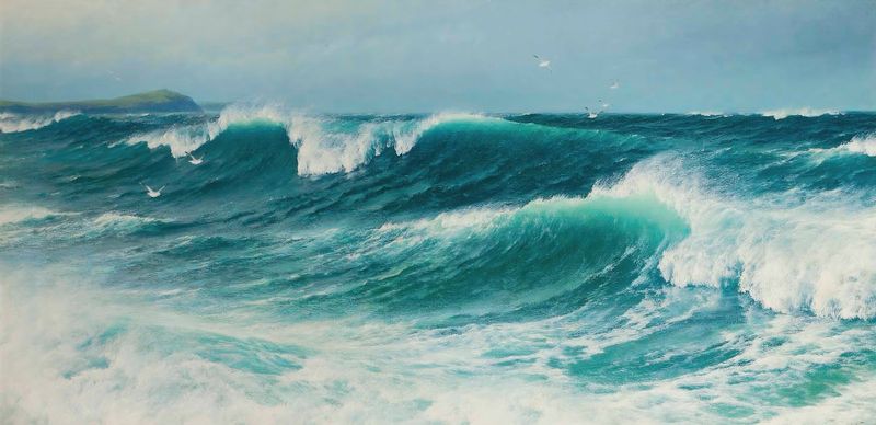 Oil painting by David James depicting swirling waves and light in The Inrushing Tide