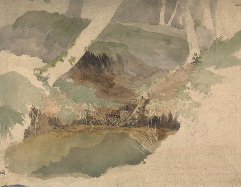 Forest Pool by Robert Hills, oil painting depicting tranquil water reflecting greenery.