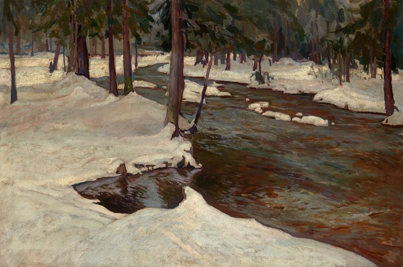 Forest Stream by Stefan Filipkiewicz, oil on canvas depicting a lush forest landscape