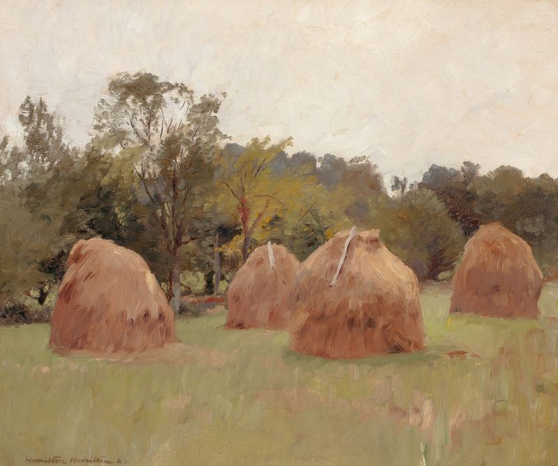 Haystacks in a landscape, oil on canvas by Hamilton Hamilton