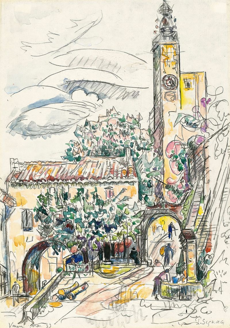 Vaison de Paul Signac, óleo sobre lienzo que representa un paisaje tranquilo con luz solar y un río.