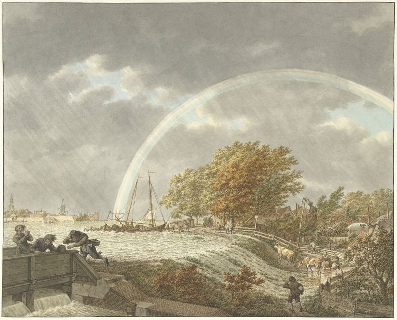 Landscape featuring tranquil water and autumn leaves by Jacob Cats, 1797