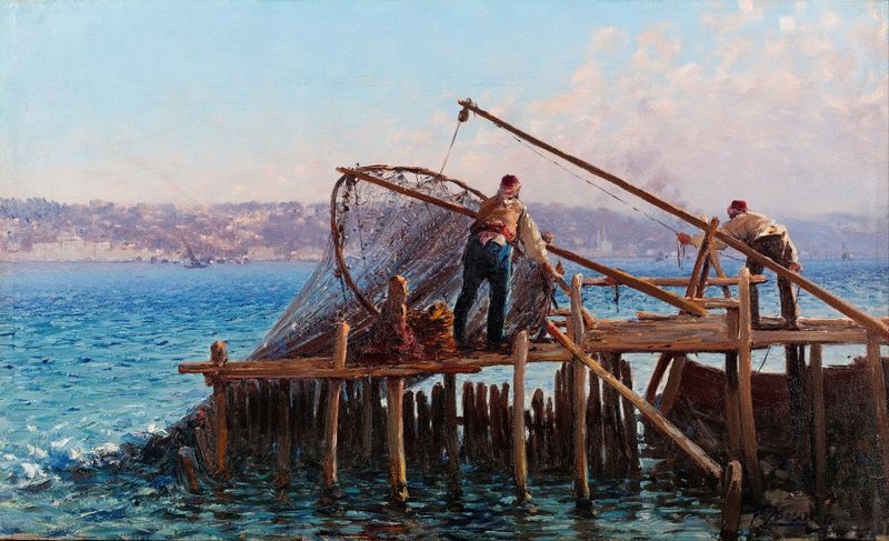 Fishermen Bringing in the Catch, óleo de Fausto Zonaro, mostrando pescadores trabajando en el mar.