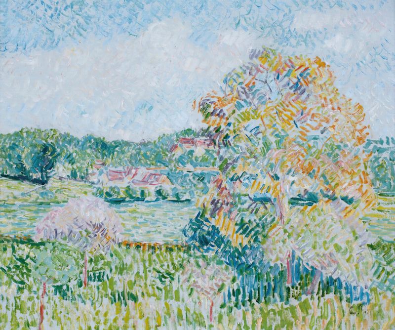 Paisagem com um carvalho no outono de Camille Pissarro, pintura a óleo