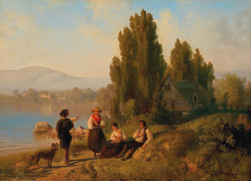 Hirtenszene de Carl Schlesinger, representando un pastor con una flauta en un paisaje de luz dorada