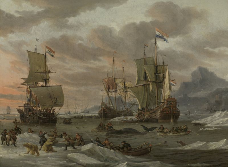 Whaling scene with a boat in the Arctic Ocean by Abraham Storck, oil on canvas