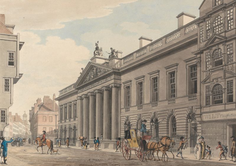 East India House, watercolor on paper by Thomas Malton the Younger, featuring intricate architecture and cloudy sky