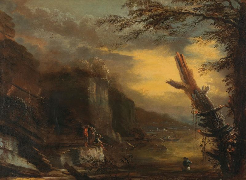 Figures fishing in a rocky coastal landscape, oil on canvas by Salvator Rosa
