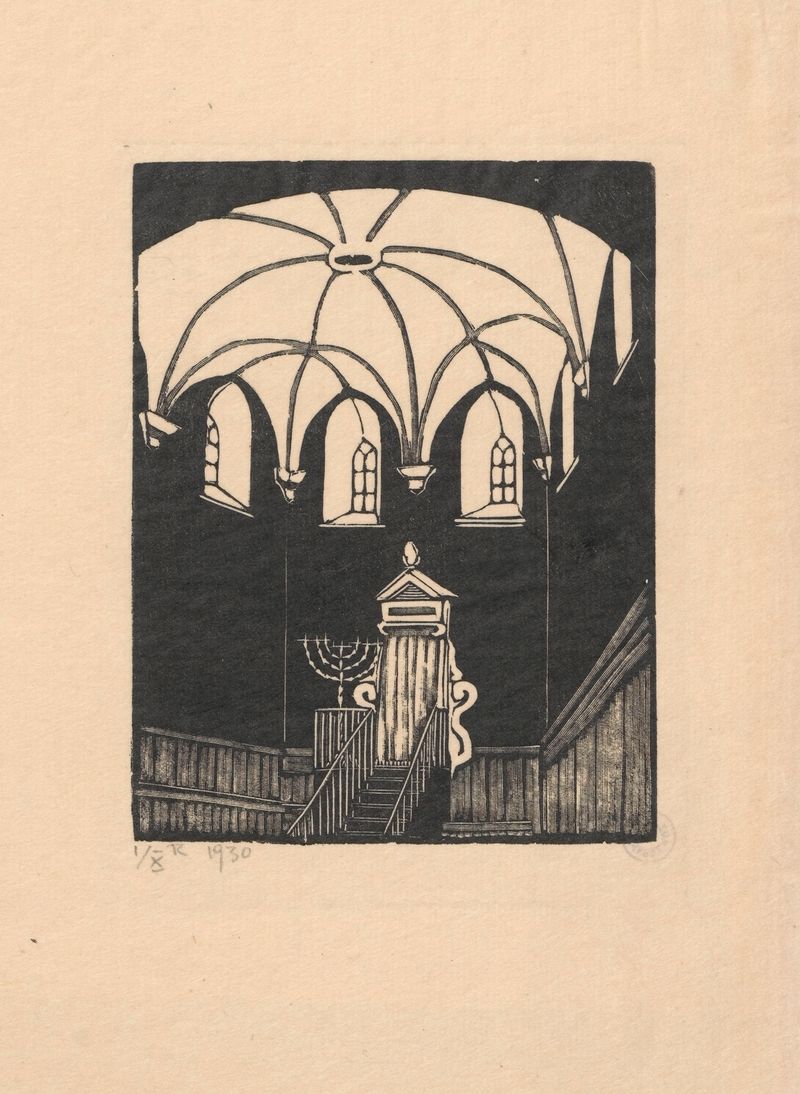 Interior of a synagogue with stained glass windows, oil on canvas by Wiktoria Goryńska