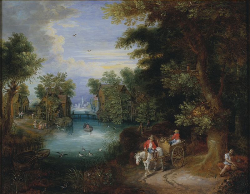 River landscape with peasants, oil on panel by Adriaen van Stalbemt