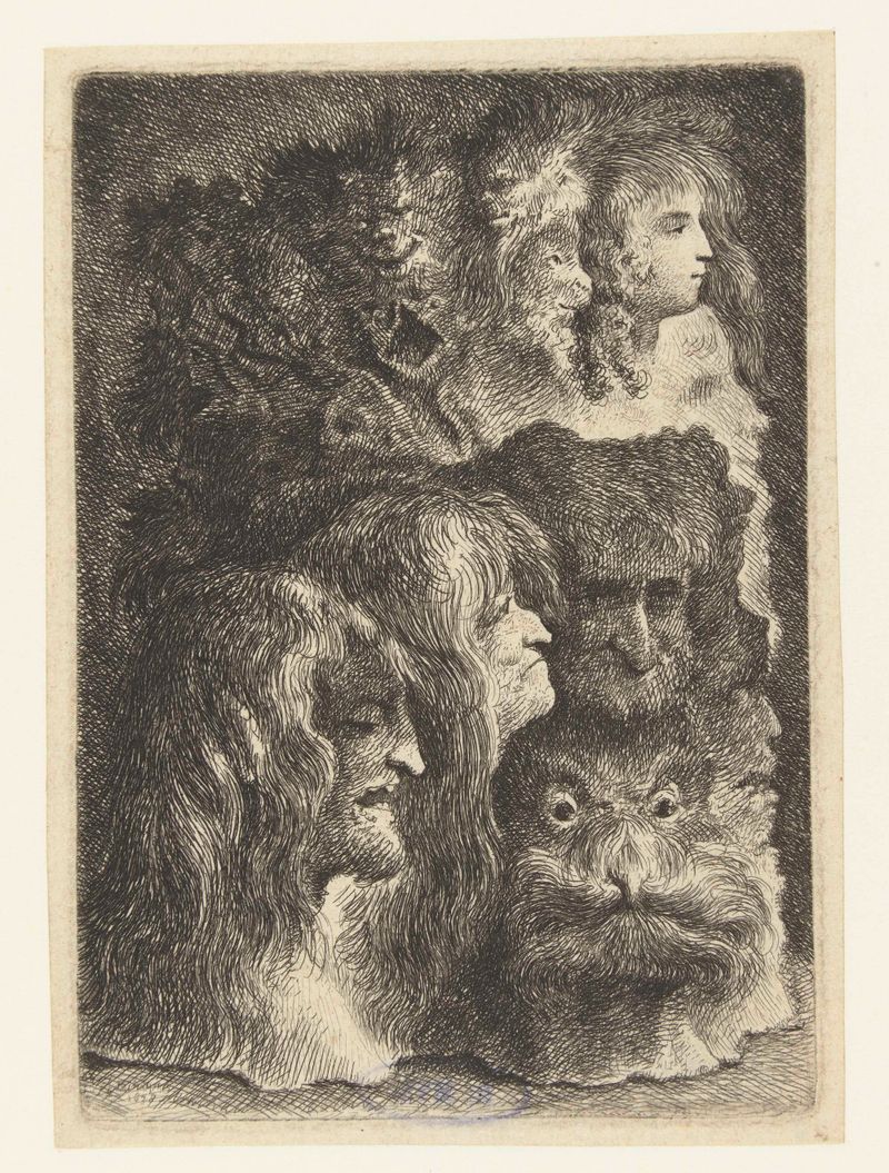 Gravura de Bartholomeus Breenbergh mostrando várias cabeças de homens, mulheres, animais e máscaras.