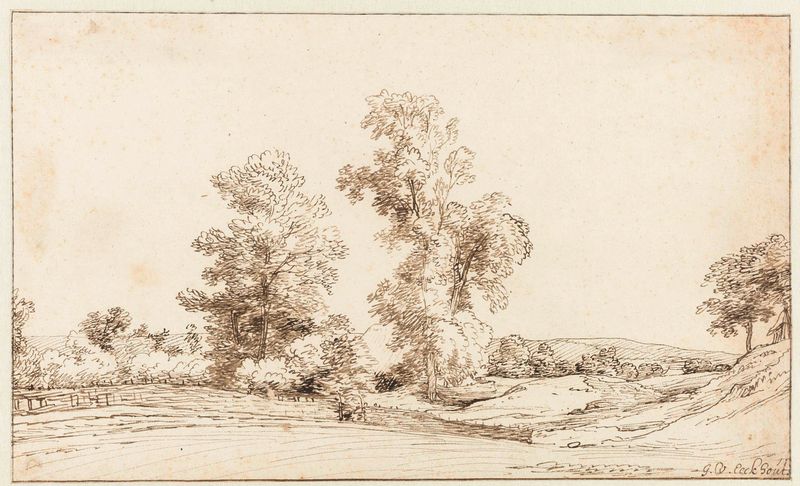 Paisagem ondulada com duas árvores altas e colinas por Gerbrand van den Eeckhout, pintura a óleo
