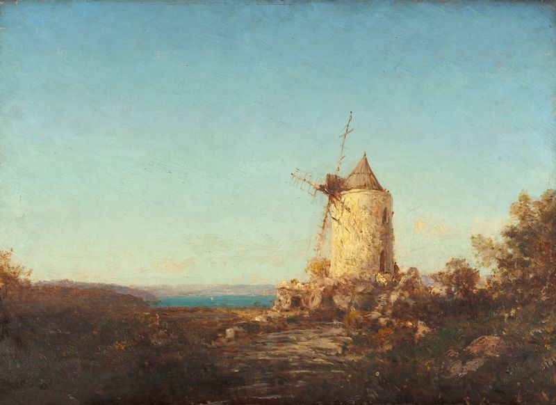 Moulin De Saint-Mitre, Près De Martigues de Félix Ziem, pintura a óleo que retrata uma paisagem com um moinho.
