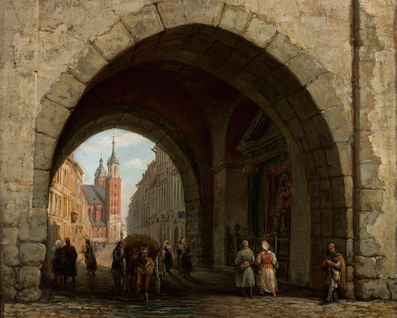 St. Florian’s Gate in Kraków de Marcin Zaleski, Romantismo, destacando detalhes intrincados do arco.