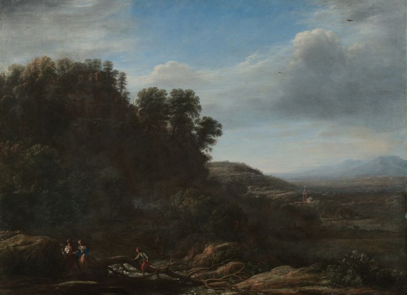 Paisaje Italiano de Claude Lorrain, óleo que representa un río sereno y colinas onduladas.