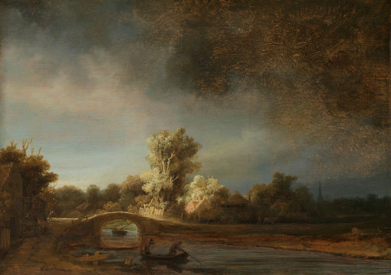 Paisaje con un puente de piedra, óleo sobre lienzo de Rembrandt van Rijn