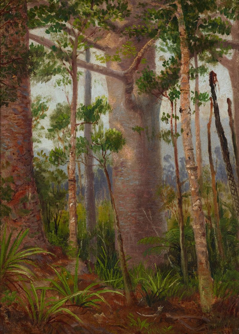Bush scene by Charles Blomfield, oil on canvas depicting lush foliage and vibrant nature.