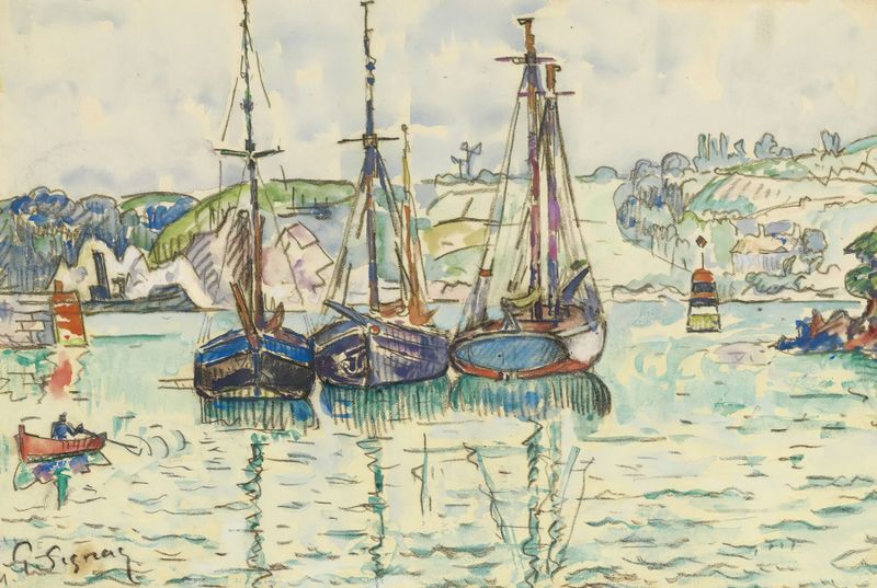Le Trieux de Paul Signac, óleo sobre tela que retrata uma margem de rio serena com cores vibrantes.