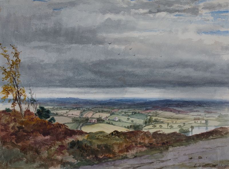 Low Hill From Cofton Hill de Elijah Walton, pintura a óleo que retrata colinas suaves e natureza.