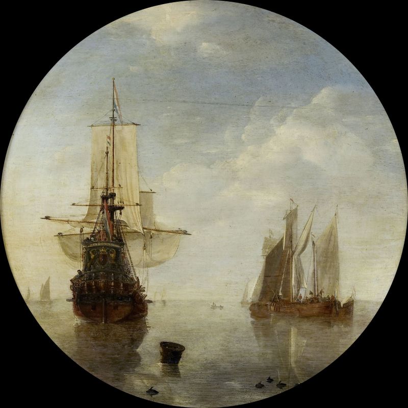 Navios ancorados na água, pintura a óleo de Willem van de Velde