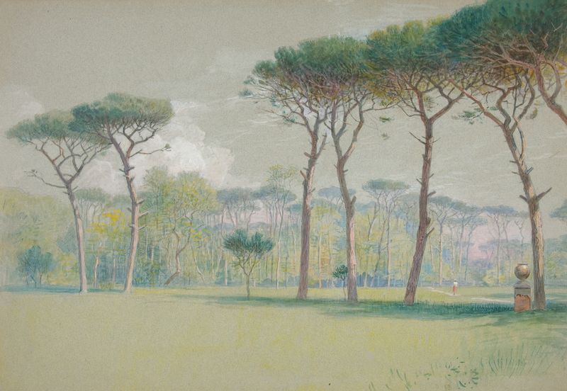 Paisaje con vasto césped y árboles de Edwin Austin Abbey, óleo sobre lienzo