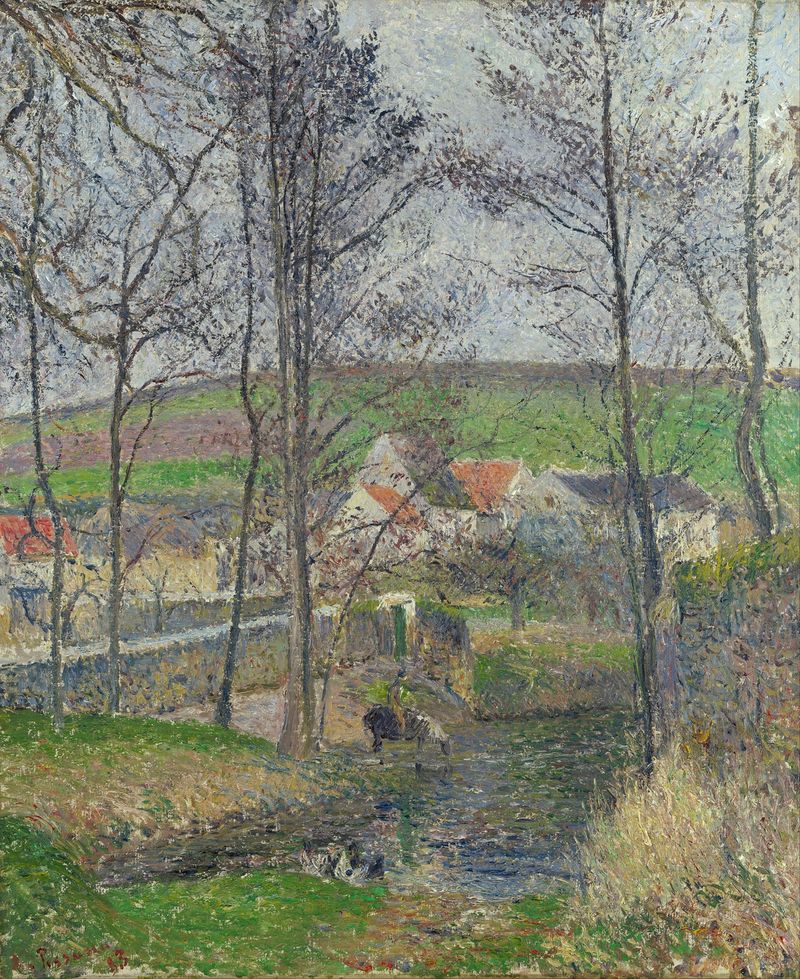 Pintura a óleo de Camille Pissarro retratando o rio Viosne no inverno.