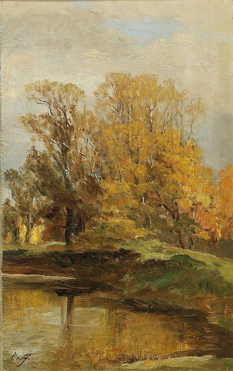 Estudo de Paisagem de Olga Wisinger-Florian, óleo sobre tela que retrata uma paisagem serena com cores ricas.