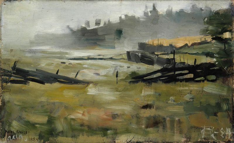 Misty Landscape by Akseli Gallen-Kallela, oil painting of a serene lake enveloped in mist.