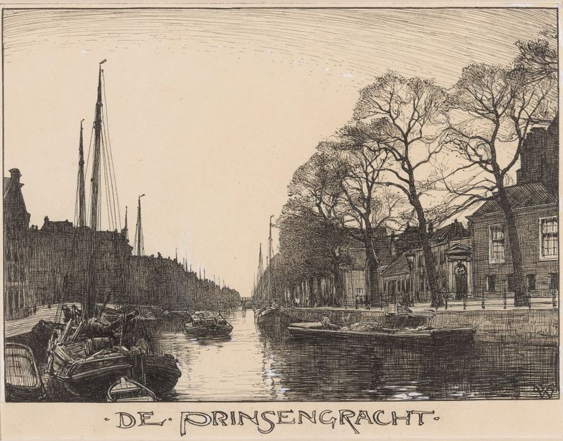 De Prinsengracht te Amsterdam de Willem Wenckebach, óleo sobre tela retratando uma cena de canal