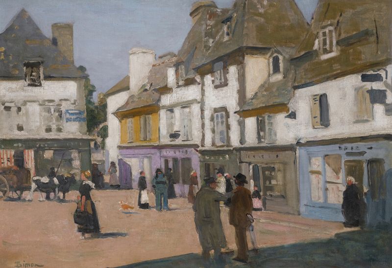 Cena de gênero de Place au Beurre, Quimper de Lucien Simon, pintura a óleo