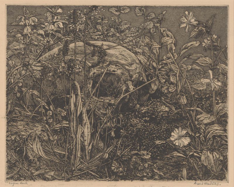 Pintura a óleo de Arend Hendriks com um crânio entre flores vibrantes.