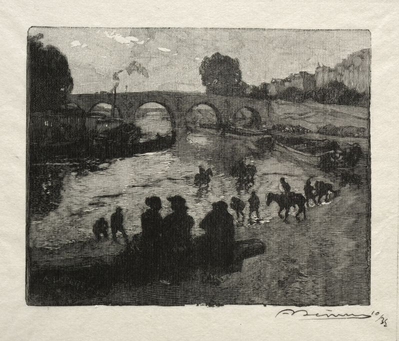 L’Abreuvoir du Pont Marie de Auguste Louis Lepère, pintura a óleo impressionista que retrata uma ponte e reflexos na água