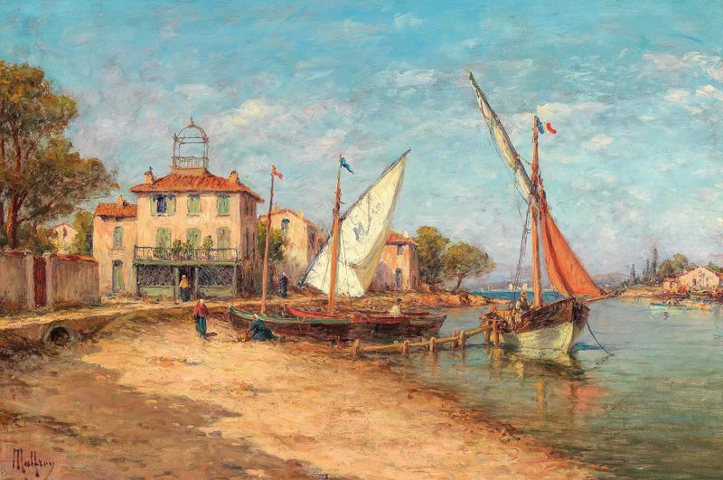 Paisagem com costa e mar, pintura a óleo de Henry Malfroy