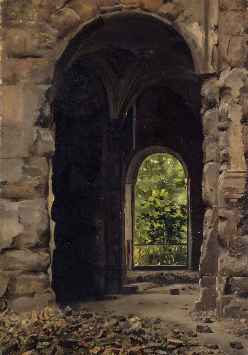 Interior view of ruins with columns and light by Georges Rouard, realism