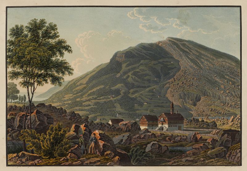 Paisaje con montañas oscuras y luz dorada de David Alois Schmid, pintura al óleo