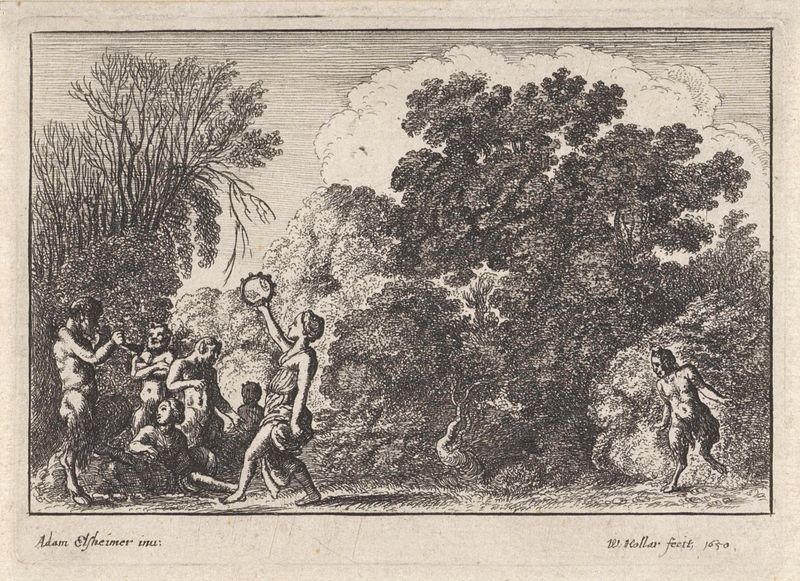 Grabado de Wenceslaus Hollar que muestra sátiros y ninfas bailando y haciendo música.