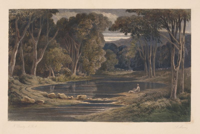 Woodland pool with seated figure, oil painting by Louis Marvy