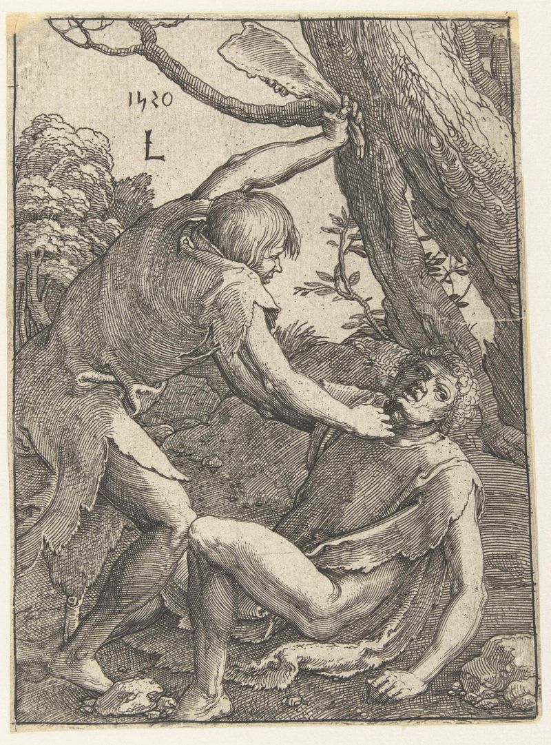 Grabado de Lucas van Leyden que representa a Caín y Abel en una escena bíblica dramática.