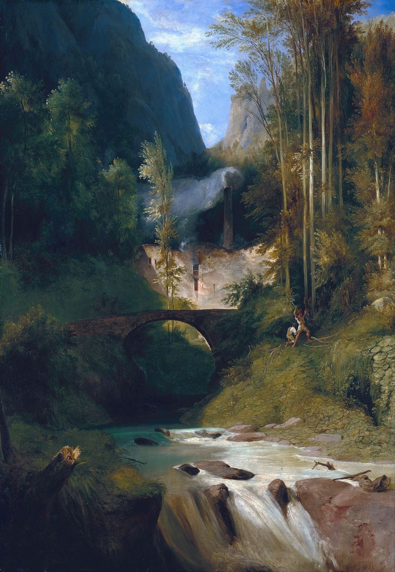 Landscape by Carl Blechen, oil painting depicting cliffs and foliage