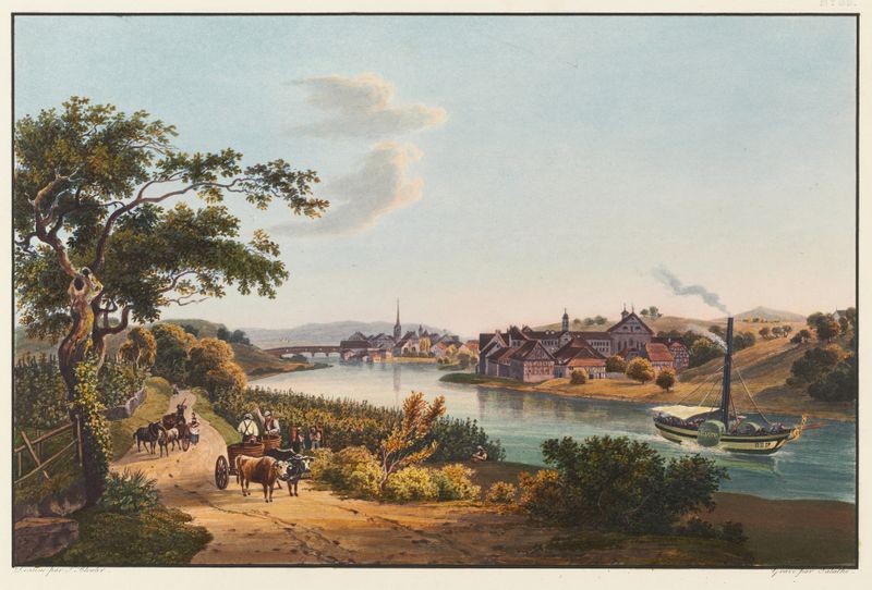 Landscape with a river and village at sunset, oil painting by Johann Ludwig Bleuler