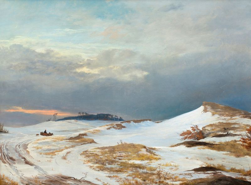 Winter landscape with snow and gentle slope by Johan Thomas Lundbye, oil painting