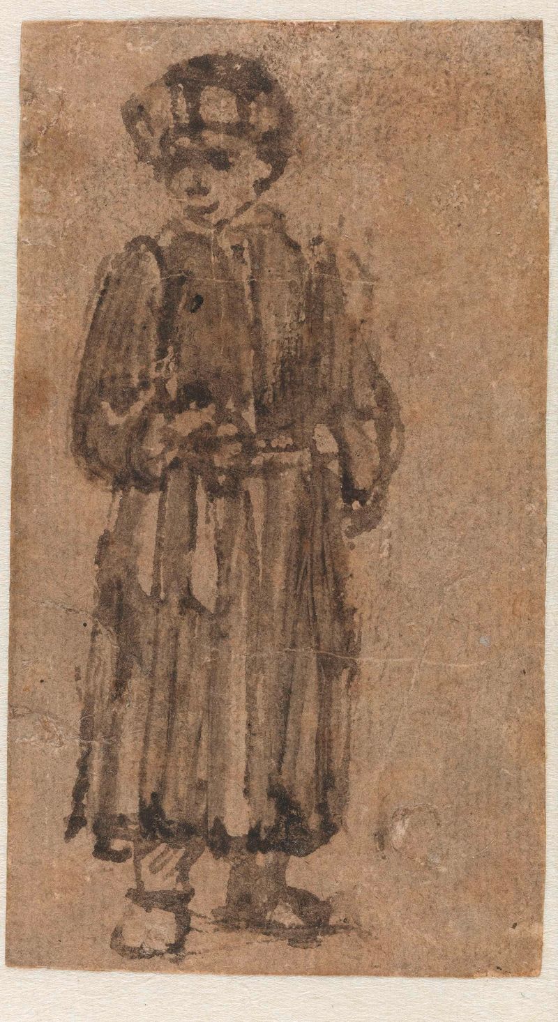 Portrait of a young boy in earthy tones, standing still, by Willem Drost, paper medium