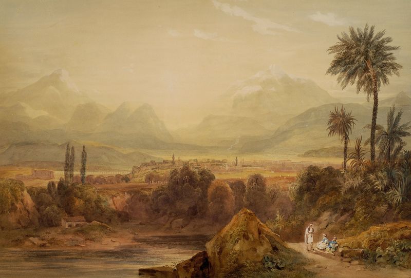 View of Thebes by Hugh William Williams, oil painting depicting ancient ruins and a vast sky.